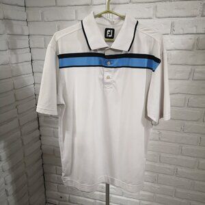 FJ Foot Joy Men's White with Blue & Black 3 Button Closure Pro Dry Golf Polo